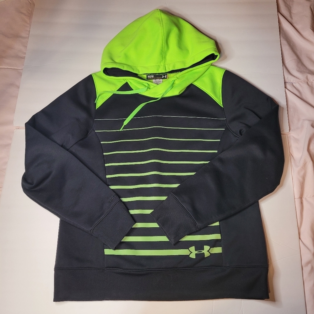 Under Armour Womens Black Green Striped Pullover Hoodie Storm Medium